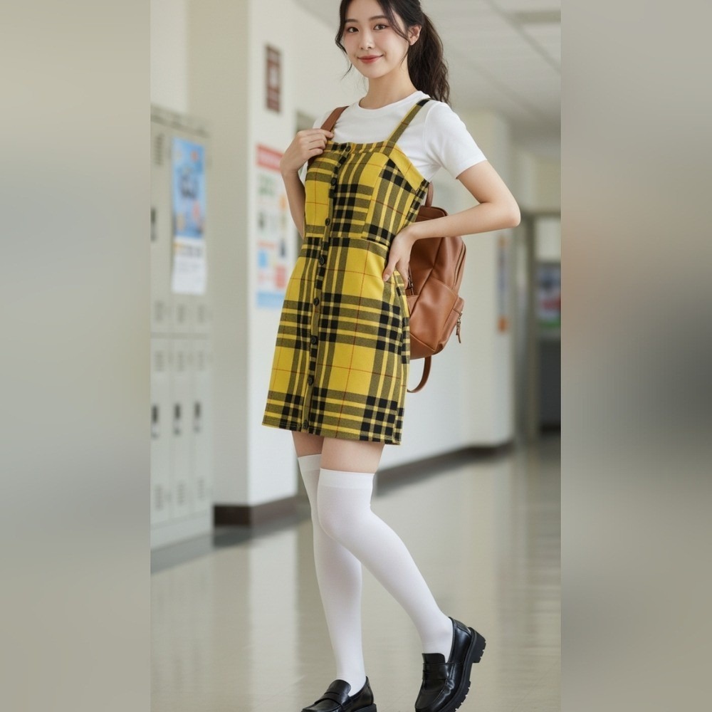 Y2K‎ Charlotte Russe Preppy Clueless Cher Yellow Black Plaid Button Dress Large